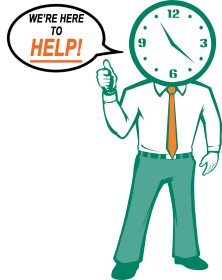 "We're Here to Help!" Clock-Head Graphic